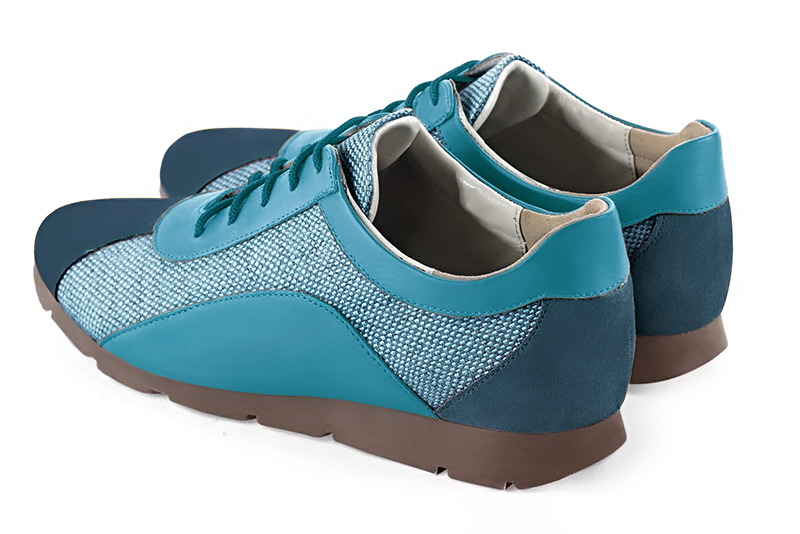 Peacock blue women's two-tone elegant sneakers. Round toe. Flat rubber soles. Rear view - Florence KOOIJMAN